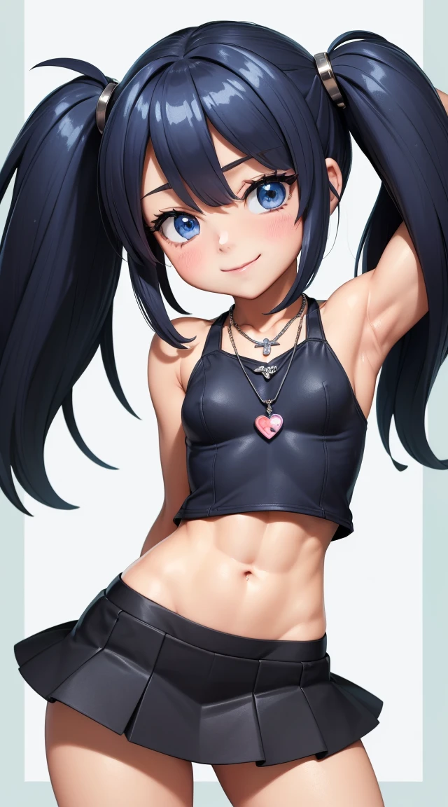 (masterpiece:1.3), (Best Quality:1.3), (Ultra-detailed:1.2), ((kawaii)), Cute, (lovely), ((sexy)), ((Extremely detailed)), 4K, (8K), Best Quality, (Beautiful), Illustration, anime style, (bold line:1.2), Gradation, looking at viewer, //, (bent down:1.1), (arms behind back), //, a cute girl, 1girl, (solo:1.2), gleaming skin, //, (flat chested), (Perfect eyes:1.2), (Perfect iris:1.2), //, darkblue hair color, (beautiful eyes) //, (half closed eyes:1.3), (sexual expression:1.2), Fascinated expression, smile, (blush:1.2), //, modern city background, on rock, twin tails, muscle girl, hard abs, exposed abs, NECKLACE, tight blouse, skirt
