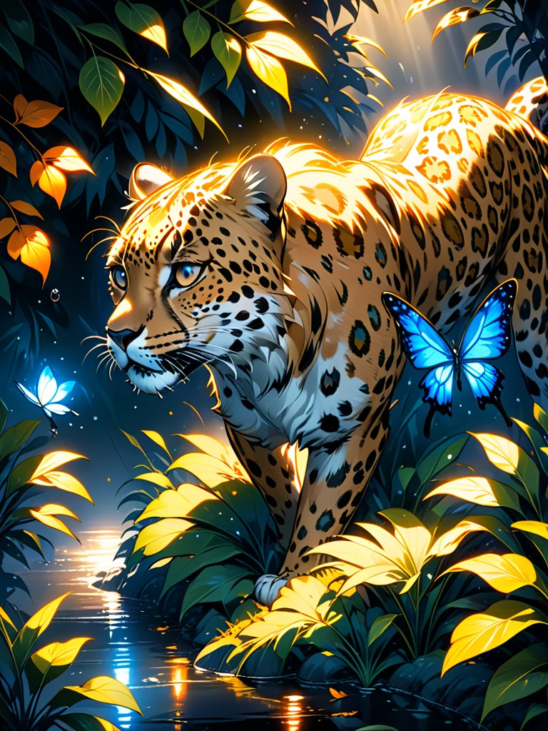 Lush plants,Cheetah descends from the jungle ,1 leopard,Orange glare,black and white,Dark background,photoPractical,Practical,high quality,high resolution,Extremely detailed,masterpiece,工作室light,light,戏剧light,Blue glowing butterfly,Water drops on leaves