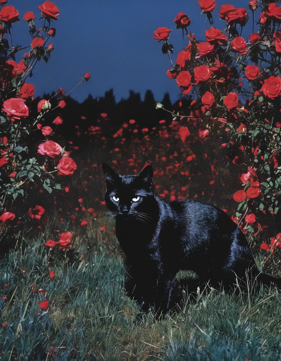 film photography, vintage, long view of black cat in field of roses, blue dark background