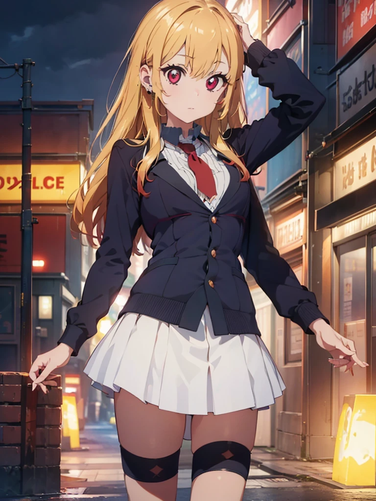 hight resolution, absurdres, best_Quality, Ultra_Detailled, 8K, extremely_clear, photo, beautiful, Beautiful face, Scharp Focus, HDR, 1girl, Clean eyes, very wide-eyed,cyberpunk megacity background , hanabi, Beautiful face, very red areola, standing , very seductive pose, very young, teen, no bra, bare chest, No Top, NSFW, Blond long hair with red ends, pierced ears, marin kitagawa,