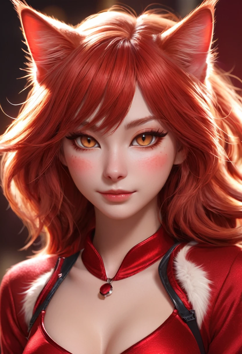 red cat girl, anthropomorphic cat, toned body full of fur, showing midriff, highly detailed face, highly detailed eyes, full body, whole body visible, full character visible, soft lighting, high definition, ultra realistic, 2D, 8K, digital art