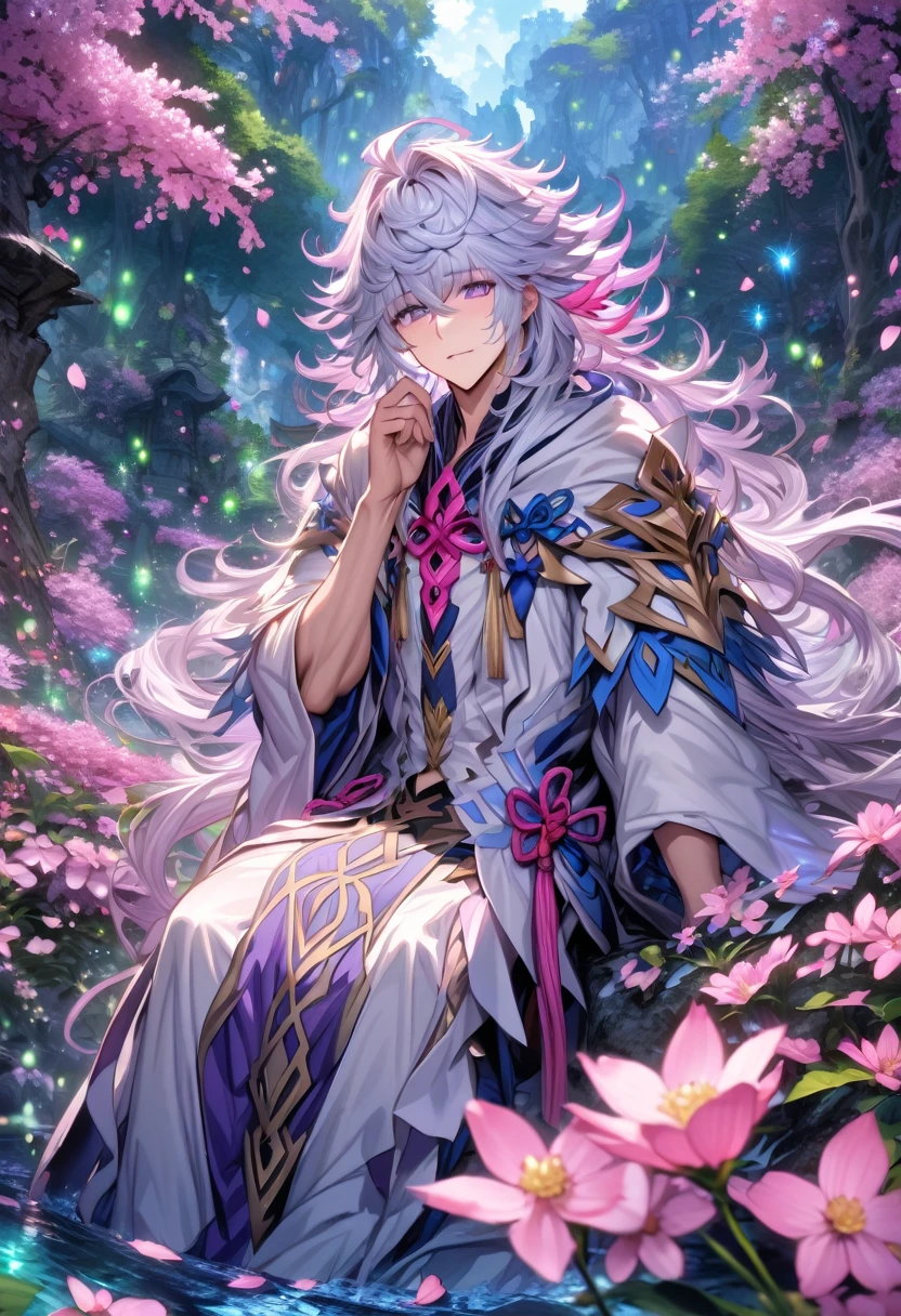 absurdres, highres, ultra detailed, HDR, master piece, Merlin, white long hair, expressive purple eyes, white tunic, Fate Grand Order, sexy man, handsome, best quality, blossoms, pink petals, pink flowers, water, fantasy, magical, blue shining fireflies, solo, forest, 