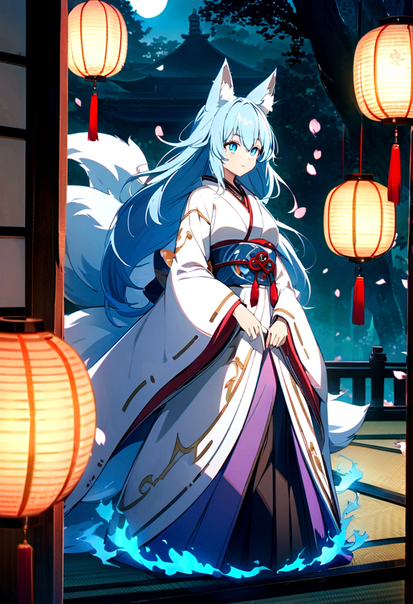 fox Light blue hair beast girl indigo fur fox beast girl fox Light blue hair beast girl indigo fur fox beast girl Wallpaper 4k,8k,highly detailled,,vivid colors,detailed kitsune with 9 tails,traditional Japanese artwork,tatami floor,beautiful cherry blossoms,floating lanterns,dark silhouette of a pagoda,subtle moonlight,dense forest,ethereal atmosphere,dappled sunlight,whimsical spirit,serene expression,elaborate kimono and obi,delicate hand-painted details,luminous eyes Anime Style fox blue White-faced golden-haired nine-tailed fox Coat blue mysterious background Blue Flame girl have a ball of light Anime Style fox blue White-faced golden-haired nine-tailed fox Coat blue mysterious background Blue Flame girl have a ball of light