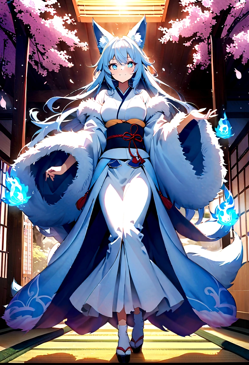 fox Light blue hair beast girl indigo fur fox beast girl fox Light blue hair beast girl indigo fur fox beast girl Wallpaper 4k,8k,highly detailled,,vivid colors,detailed kitsune with 9 tails,traditional Japanese artwork,tatami floor,beautiful cherry blossoms,floating lanterns,dark silhouette of a pagoda,subtle moonlight,dense forest,ethereal atmosphere,dappled sunlight,whimsical spirit,serene expression,elaborate kimono and obi,delicate hand-painted details,luminous eyes Anime Style fox blue White-faced golden-haired nine-tailed fox Coat blue mysterious background Blue Flame girl have a ball of light Anime Style fox blue White-faced golden-haired nine-tailed fox Coat blue mysterious background Blue Flame girl have a ball of light