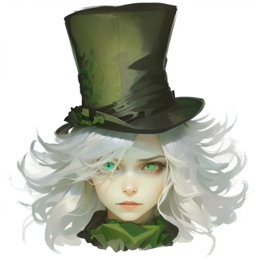 a close up of a person wearing a hat and a green top hat, grim-hatter, with a glass eye and a top hat, the madhatter, female mad hatter, mad hatter, the mad hatter, a silver haired mad, the rad hatter, character with a hat, haunted and sad expression, yoko taro, tophat
