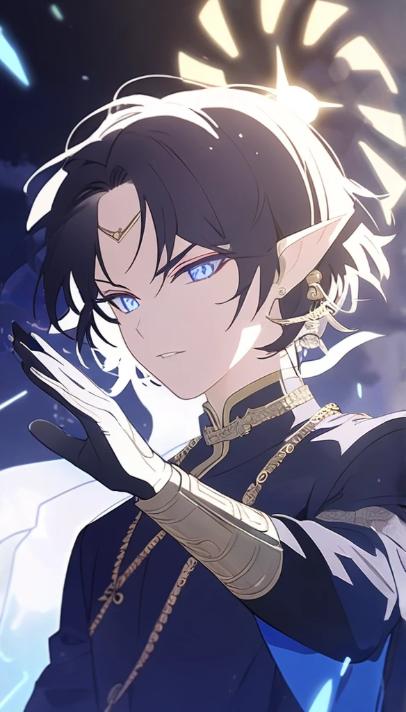 1man, elven ears, electric god, blue black hair, short hairstyle, glowing blue eyes, blue electric spark, thai priest, elegant thai clothes,