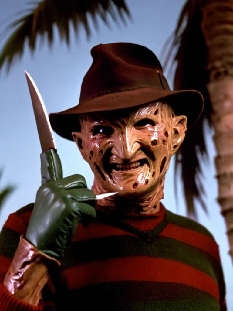 Freddy Krueger show middle finger, close-up, smiling, cinematic, film still, palm tree brown knife glove