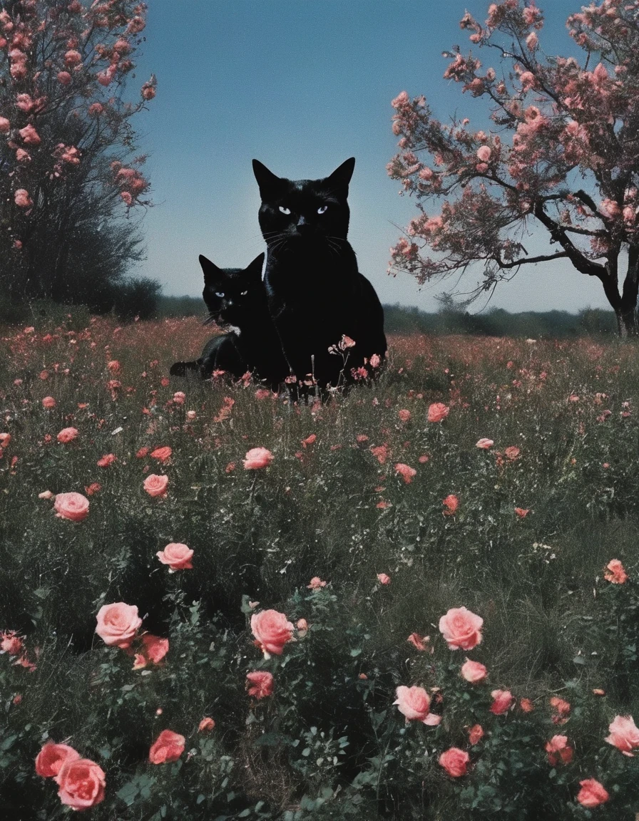 film photography, vintage, long view of roses field with black cats , blue dark forest background