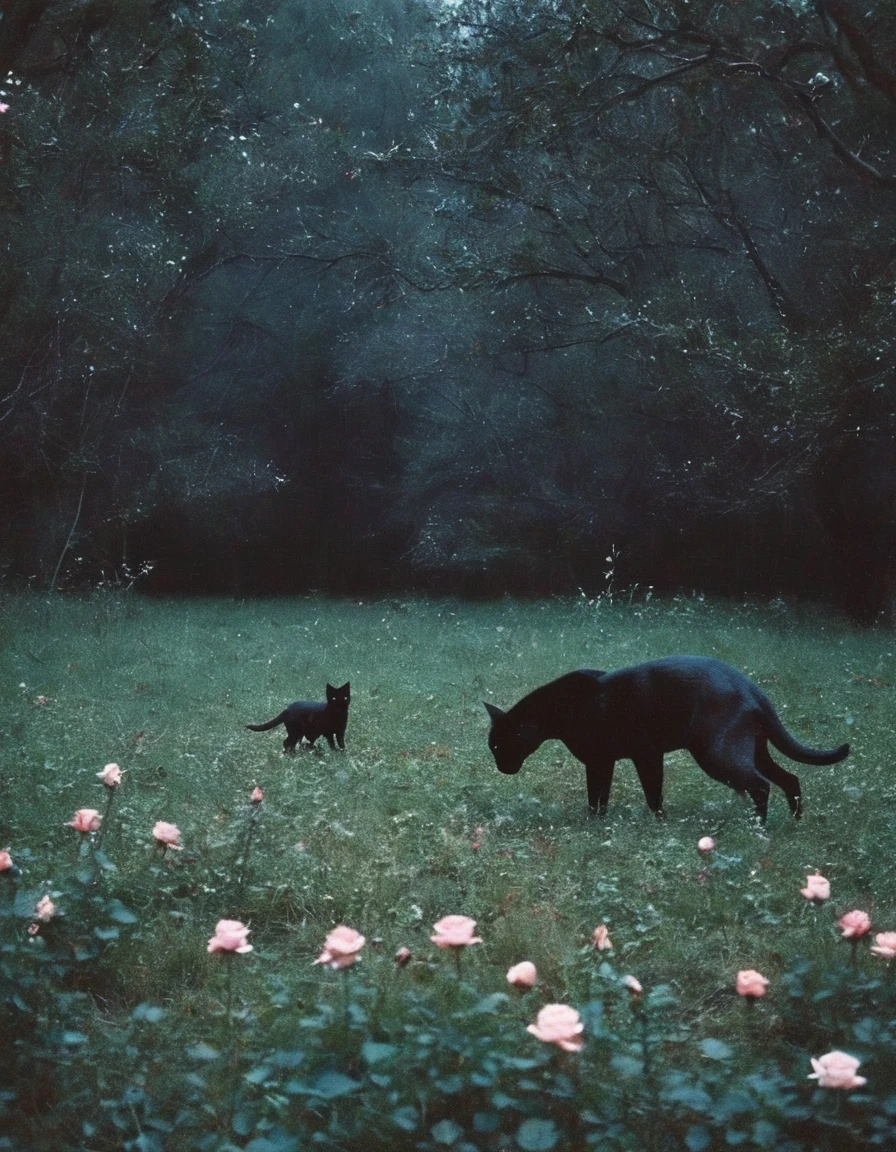 film photography, vintage, long view of roses field with black cats , blue dark forest background