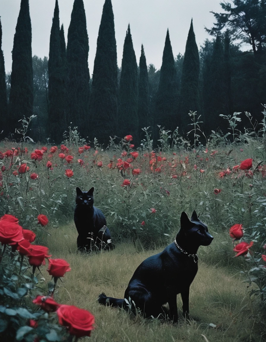 film photography, vintage, long view of roses field with black cats , blue dark forest background