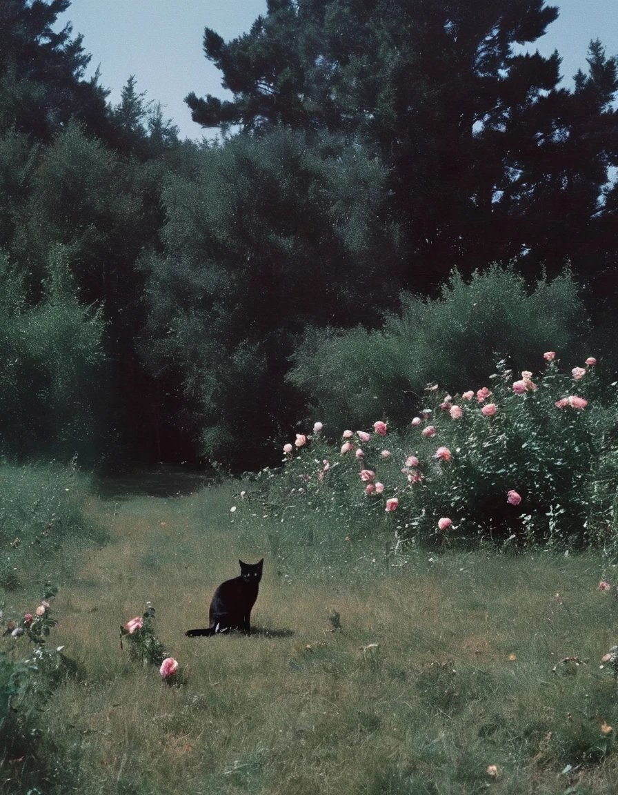 film photography, vintage, long view of roses field with black cats , blue dark forest background