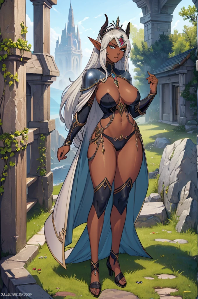 (masterpiece, best quality, high resolution, ((full body, standing,)), ((large )) 1 dark elf woman, athletic body, pointed ears ((dark skin)) silver hair tied in a tail horse, full body fantasy elven armor, elven headdress and jewelry, holding a fantasy sword, smug posture

