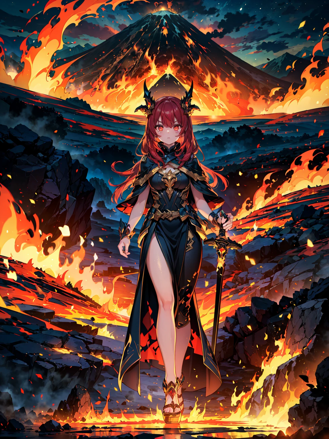 ((full body shot)) of a girl in regal, fire-themed armor with intricate gold and red details, standing in a blazing, volcanic landscape. She has long, flowing fiery red hair and intense, glowing amber eyes. Her skin has a warm, sun-kissed hue, and she is adorned with molten lava-like patterns. She holds a majestic sword engulfed in roaring flames, casting a bright, fiery light. The atmosphere is {intense|majestic}, with lava flows and embers illuminating the scene. The ground beneath her is cracked, molten earth, reflecting the intense light and adding to the fiery ambiance. Surrounding her are jagged rocks and bursts of flame in shades of {red|orange}, casting a fierce, incandescent glow. The background features towering volcanic peaks and a sky filled with ash and smoke, hinting at a powerful, fiery kingdom. The scene is dynamic and awe-inspiring, with her face showing a determined yet regal expression, her eyes focused intently on her blazing domain.

[Best quality], [Masterpiece], [Ultra-detailed], [4k], {intense|majestic} atmosphere, fiery kingdom, {dynamic pose|regal pose}, blazing illumination, {soft shadows|dramatic lighting}, {reflected light on molten earth:0.7}, {jagged rocks:0.6}, {bursts of flame:0.5}, {volcanic peaks:0.4}, {ash-filled sky:0.3}.