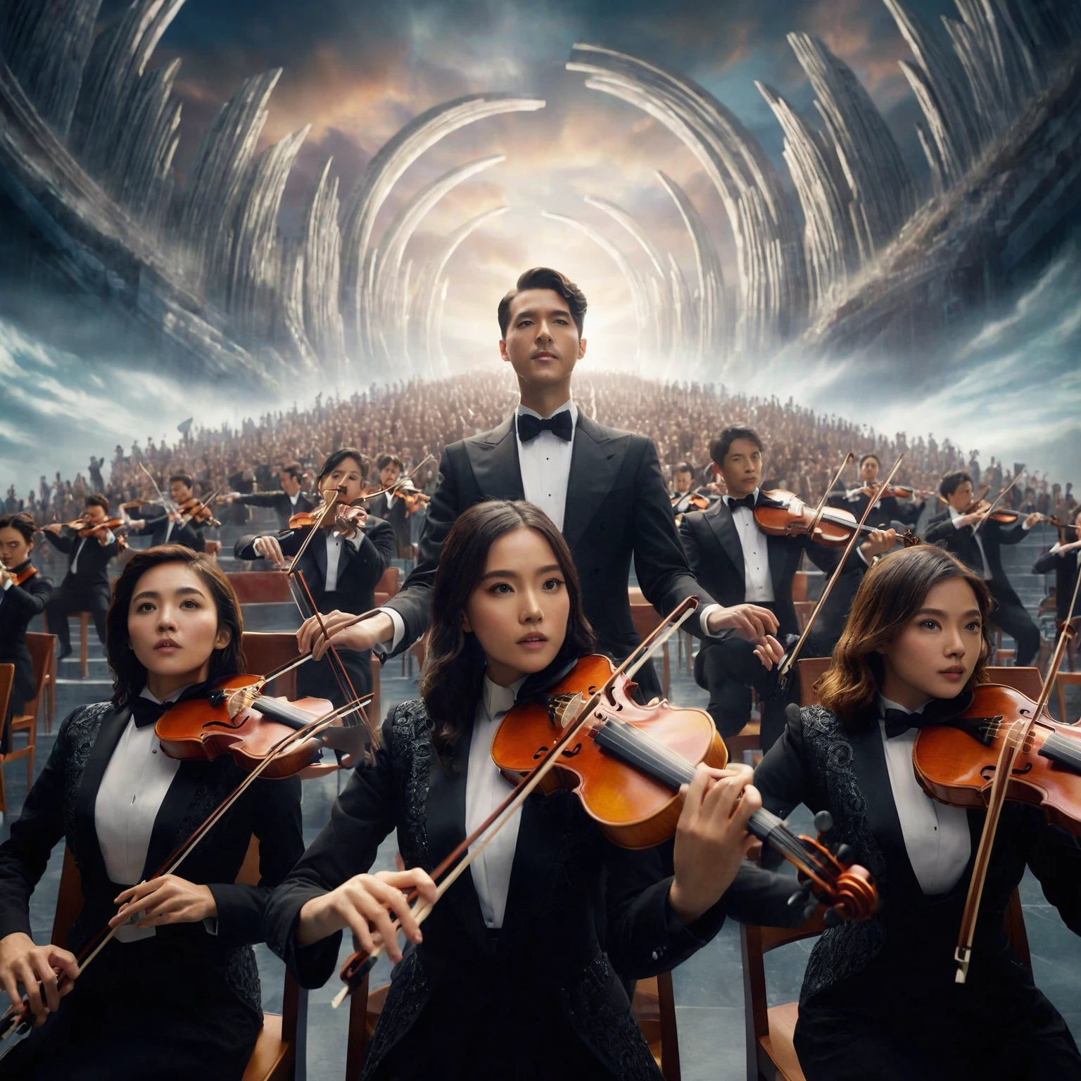 arafed image of a group of people in tuxedos playing violin, the last orchestra, orchestra, highly cinematic, movie promotional image, promotional art, key art, official poster, promotional image, promo art, album art, epic music album cover, promotional picture, official artwork, amazing composition, official poster artwork, photoreal epic composition, unknown artist, infinite