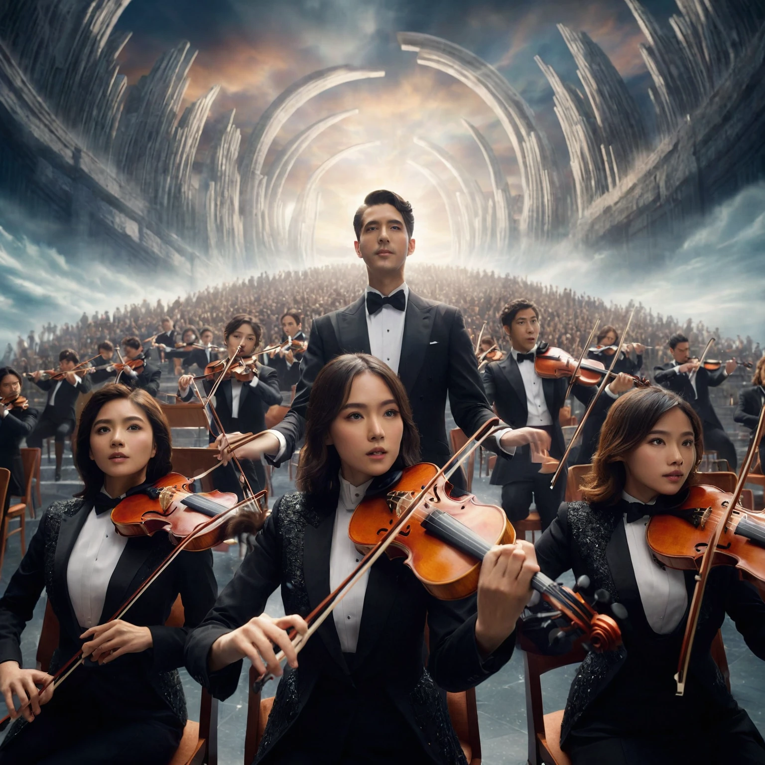 arafed image of a group of people in tuxedos playing violin, the last orchestra, orchestra, highly cinematic, movie promotional image, promotional art, key art, official poster, promotional image, promo art, album art, epic music album cover, promotional picture, official artwork, amazing composition, official poster artwork, photoreal epic composition, unknown artist, infinite