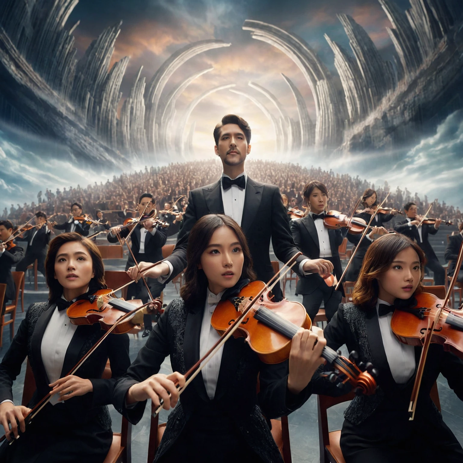 arafed image of a group of people in tuxedos playing violin, the last orchestra, orchestra, highly cinematic, movie promotional image, promotional art, key art, official poster, promotional image, promo art, album art, epic music album cover, promotional picture, official artwork, amazing composition, official poster artwork, photoreal epic composition, unknown artist, infinite