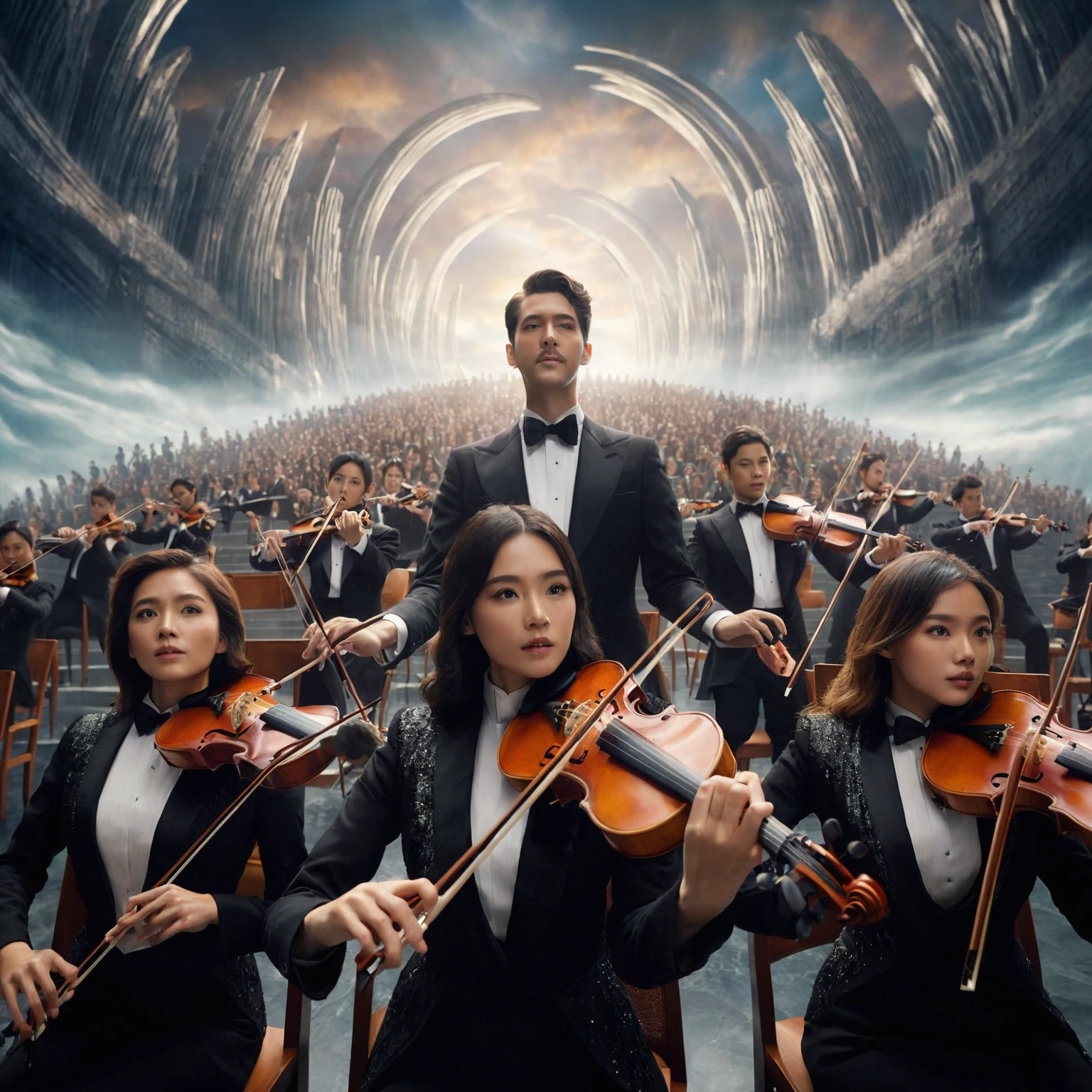 arafed image of a group of people in tuxedos playing violin, the last orchestra, orchestra, highly cinematic, movie promotional image, promotional art, key art, official poster, promotional image, promo art, album art, epic music album cover, promotional picture, official artwork, amazing composition, official poster artwork, photoreal epic composition, unknown artist, infinite