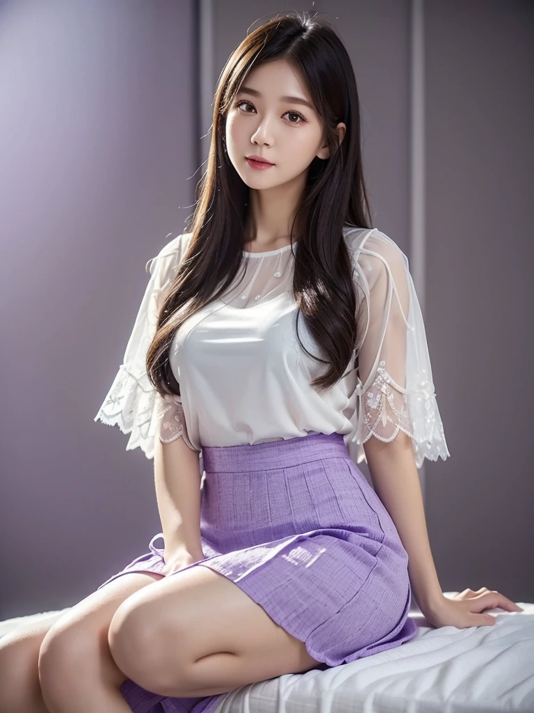 A maxi skirt in white-ish purple with lace  、Sheer blouse、(Highest quality)、((Very detailed))、4K、(8K)、masterpiece、Super detailed、Highest quality、Super Resolution、One person、Kind Face、Soft Light、Raw quality、Soft Skin、Heel、Thighs、163cm