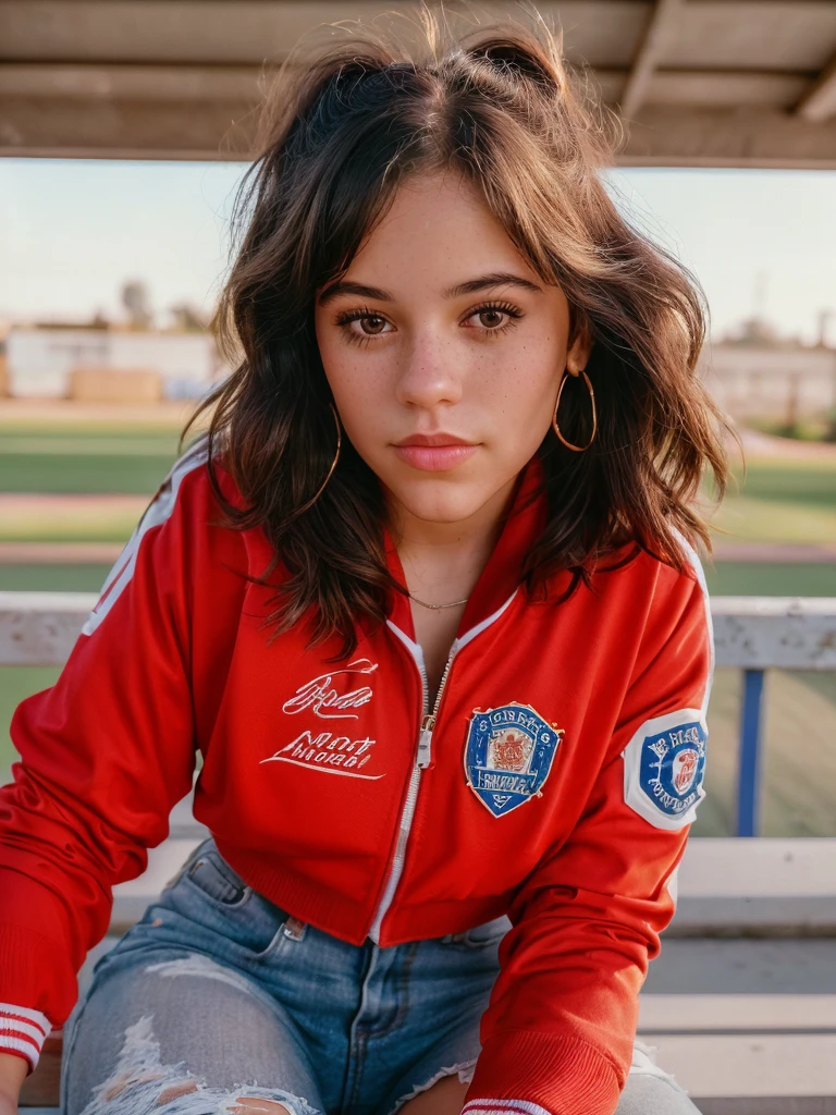 ((Close-up portrait):1.5), A beautiful 22-year-old girl, in a high school in the 90s, sitting on a bleacher, looking at the viewer, wearing a vintage American soccer jacket. ((22-year-old girl:1.5)), ((vintage American soccer jacket:1.5)), ((looking at the viewer:1.5)), (sitting in a bleacher:1.2), (90s themed:1.3), (high school:1.2), 16k, UHD, best quality, high details, anatomically correct, masterpiece, ambient lighting.
