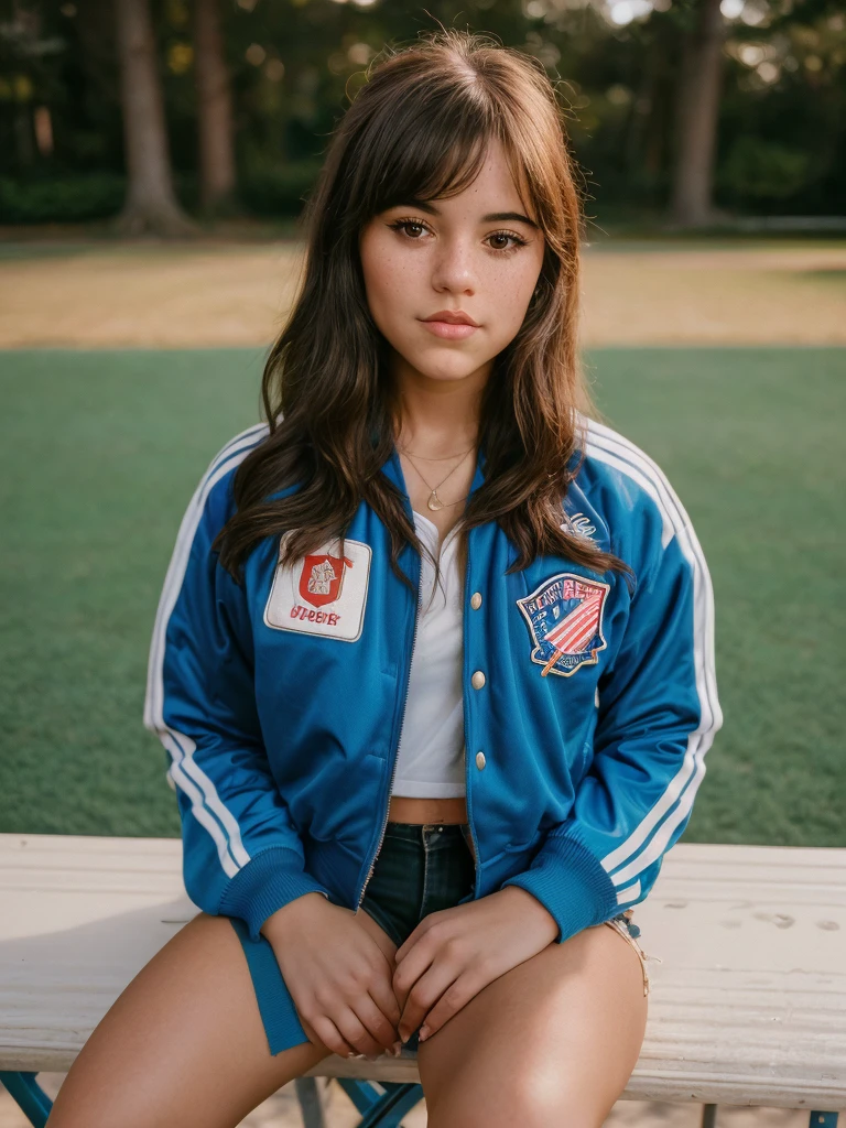 ((Close-up portrait):1.5), A beautiful 22-year-old girl, in a high school in the 90s, sitting on a bleacher, looking at the viewer, wearing a vintage American soccer jacket. ((22-year-old girl:1.5)), ((vintage American soccer jacket:1.5)), ((looking at the viewer:1.5)), (sitting in a bleacher:1.2), (90s themed:1.3), (high school:1.2), 16k, UHD, best quality, high details, anatomically correct, masterpiece, ambient lighting.