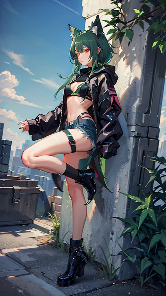 , Croped, , cleavage, slim waist, cropped hoodie underboob, cropped hoodieunderboobhoodie, 1girl, 2 wolf ears, wolf tail, marijuana crop hoodie, crop shorts, marijuana hoodie, spiky hair, spiky fur, green hair, red eyes,marijuana field scenery, tight clothes, perfect eyes, perfect hands, clear resolution, full body, cleavage skin, marijuana plants, open hoodie, marijuana scenery, black thigh high socks, full body, earrings, 1girl, skirt, cleavage, slim waist, cleavage, slim waist, hair pulled back,