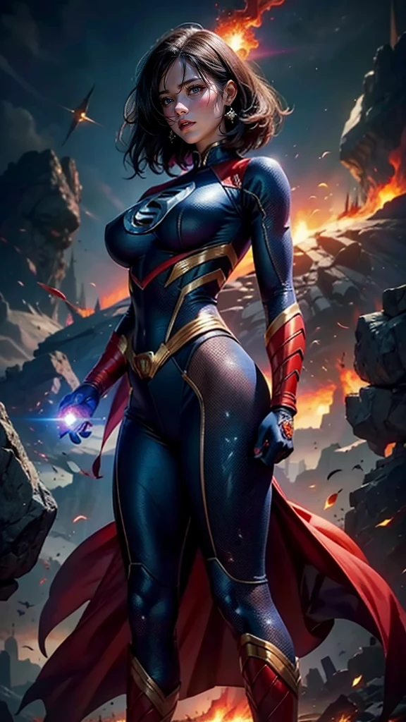 Marvel Fantastic Four,Latina Adult Model Daisy Marie as the Female version of Thunder Fire,Fly in the sky,angry look,The whole body is on fire,flame magic,The body was on fire🔥,The body glows and heats,The flames spread,The fire burst into the sky,Fire,Burn characters,The fire magic effect is fired on the hand,Mixed Chinese and American races,The background is blurred out,focal,Movie Lighting,(((tmasterpiece))), ((best qualtiy)), ((Complex and detailed)), ((Ultra-realistic realism)), Ridiculous resolution, A MILF, Mature woman, ssee-through, highly detailed, illustratio, 1girll, (34dd-cup breasts), Thin waist and thick hips,long leges,beatiful detailed eyes, short detailed hair, flaming hair, a purple eye, (Superhero uniforms:1.2), seminude,tightsuit,Sexy and feminine,perfect bodies,Sexy attire,Human flashlight,(No underwear),pantiess, detailed back ground, perfect eyes, Seductive eye, (nice hand),Detail hands,looking at viewert,From the front,Wear light,(Fantastic Four),