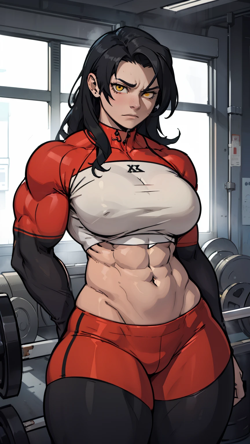 wide hips curvy thick thighs voluptuous large breasts muscular toned body bodybuilder black hair pale skin yellow eyes skintight expressionless sad sad