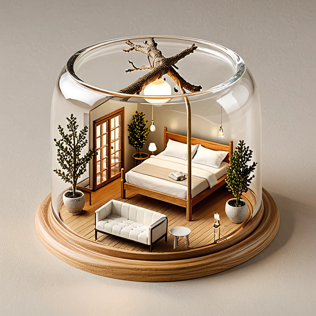 (masterpiece, top quality, best quality),(ultra-detailed, absolutely resolution),((16k, high res)),
BREAK {The miniature material is unified with balsa wood},
BREAK {miniature room inside a glass cup, a small bed, a shower fixture, a bedside table with a lamp, a vase with delicate branches, The glass cup should be clear and placed on a matching saucer, held by a hand to show the scale. Ensure the lighting is soft and natural to highlight the details of the miniature furniture and the transparency of the glass. The overall atmosphere should be delicate and intricate, capturing the charm of a tiny, perfectly crafted space within a glass cup}
BREAK { (produces images with information more than 40 million pixels with cinematic-like detailed textures shot on a Sony SLR).}