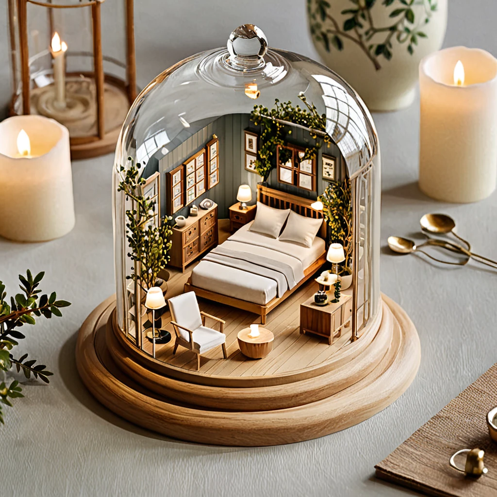 (masterpiece, top quality, best quality),(ultra-detailed, absolutely resolution),((16k, high res)),
BREAK {The miniature material is unified with balsa wood},
BREAK {miniature room inside a glass cup, a small bed, a shower fixture, a bedside table with a lamp, a vase with delicate branches, The glass cup should be clear and placed on a matching saucer, held by a hand to show the scale. Ensure the lighting is soft and natural to highlight the details of the miniature furniture and the transparency of the glass. The overall atmosphere should be delicate and intricate, capturing the charm of a tiny, perfectly crafted space within a glass cup}
BREAK { (produces images with information more than 40 million pixels with cinematic-like detailed textures shot on a Sony SLR).}
