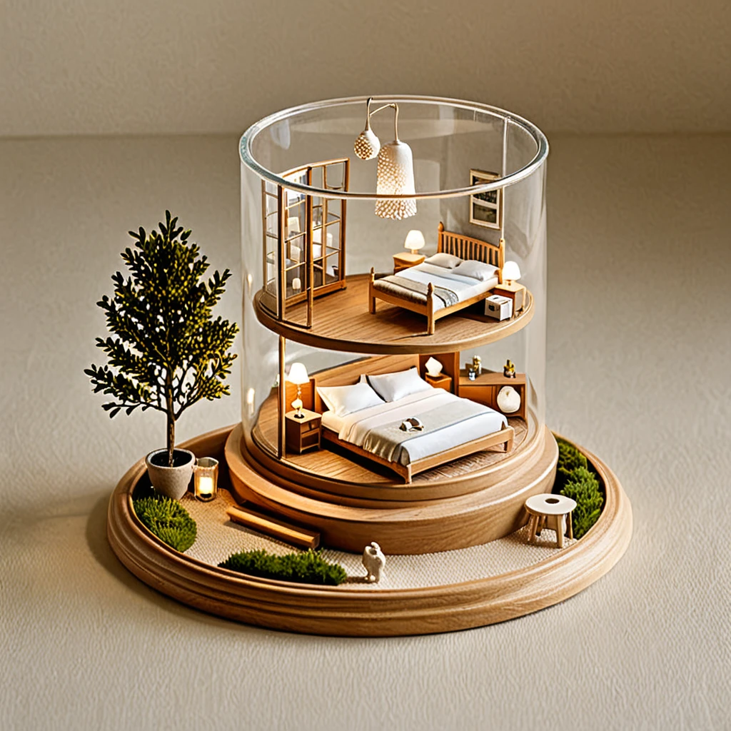(masterpiece, top quality, best quality),(ultra-detailed, absolutely resolution),((16k, high res)),
BREAK {The miniature material is unified with balsa wood}, 
BREAK {miniature room inside a glass cup, a small bed, a shower fixture, a bedside table with a lamp, a vase with delicate branches, The glass cup should be clear and placed on a matching saucer, held by a hand to show the scale. Ensure the lighting is soft and natural to highlight the details of the miniature furniture and the transparency of the glass. The overall atmosphere should be delicate and intricate, capturing the charm of a tiny, perfectly crafted space within a glass cup}
BREAK { (produces images with information more than 40 million pixels with cinematic-like detailed textures shot on a Sony SLR).}