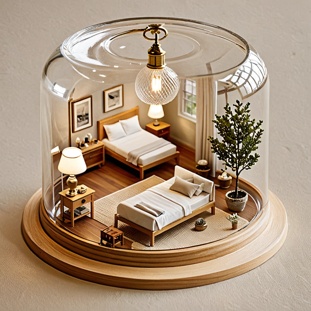 (masterpiece, top quality, best quality),(ultra-detailed, absolutely resolution),((16k, high res)),
BREAK {The miniature material is unified with balsa wood}, 
BREAK {miniature room inside a glass cup, a small bed, a shower fixture, a bedside table with a lamp, a vase with delicate branches, The glass cup should be clear and placed on a matching saucer, held by a hand to show the scale. Ensure the lighting is soft and natural to highlight the details of the miniature furniture and the transparency of the glass. The overall atmosphere should be delicate and intricate, capturing the charm of a tiny, perfectly crafted space within a glass cup}
BREAK { (produces images with information more than 40 million pixels with cinematic-like detailed textures shot on a Sony SLR).}