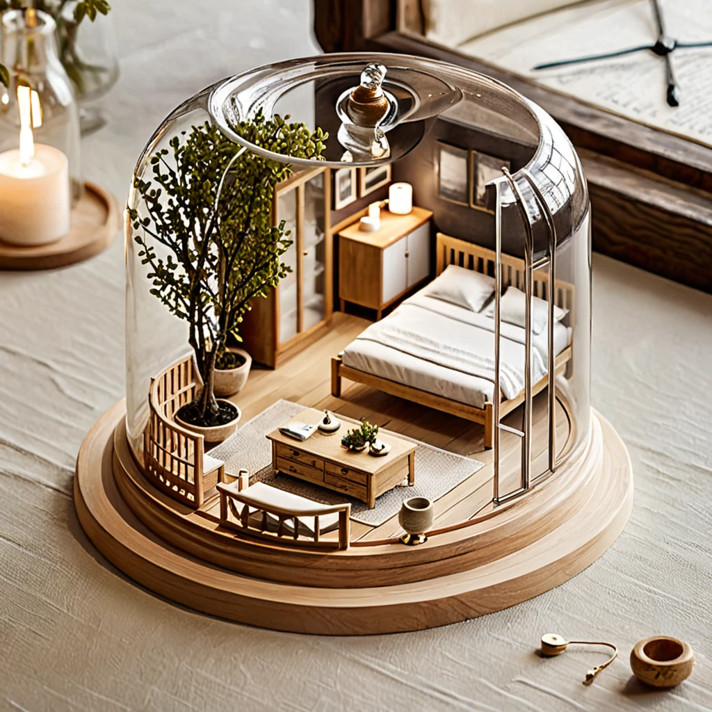 (masterpiece, top quality, best quality),(ultra-detailed, absolutely resolution),((16k, high res)),
BREAK {The miniature material is unified with balsa wood},
BREAK {miniature room inside a glass cup, a small bed, a shower fixture, a bedside table with a lamp, a vase with delicate branches, The glass cup should be clear and placed on a matching saucer, held by a hand to show the scale. Ensure the lighting is soft and natural to highlight the details of the miniature furniture and the transparency of the glass. The overall atmosphere should be delicate and intricate, capturing the charm of a tiny, perfectly crafted space within a glass cup}
BREAK { (produces images with information more than 40 million pixels with cinematic-like detailed textures shot on a Sony SLR).}
