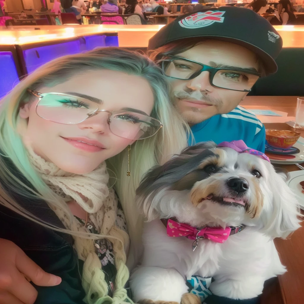 There's a man and a woman sitting at a table with a dog, profile image, powder Nándor Katona, very low quality image, profile imageture, Alex Yanes e Lisa Frank, with dogs, profile image, lorena avarez, profile pic, by Olivia Peguero, por Reyna Rochin, by Amélia Peláez
