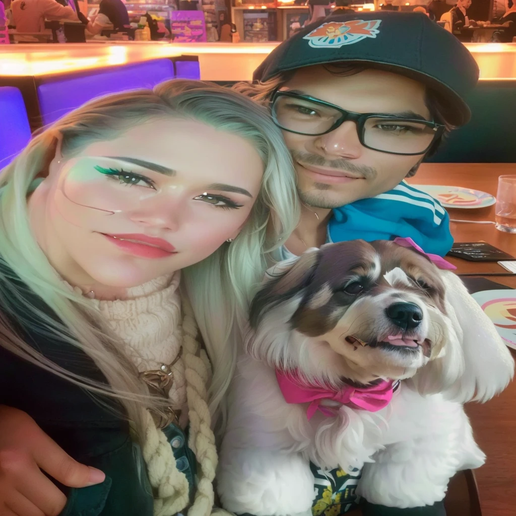 There's a man and a woman sitting at a table with a dog, profile image, powder Nándor Katona, very low quality image, profile imageture, Alex Yanes e Lisa Frank, with dogs, profile image, lorena avarez, profile pic, by Olivia Peguero, por Reyna Rochin, by Amélia Peláez