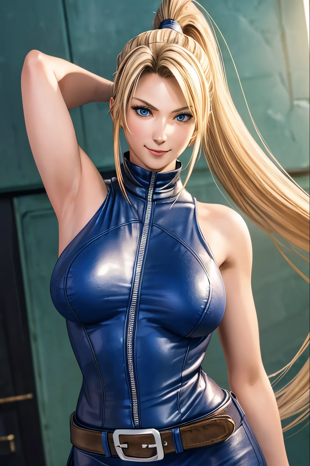 Sarah, blue eyes, angle view, (full bodysuit:1.1), (skinny girl:1.0), ((long ponytail:1.3)), (free flowing hair:1.4), cowboy shot, blonde hair, long hair, (long side burns:1.4), Shoulders exposed, (arms exposed:1.0), (very detailed skin:1.5), (medium breasts:1.4), belt ,sleeveless, (closed zipper), earrings, fingerless short gloves, BREAK masterpiece, 1 girl, RAW photo, (best quality:1.2), extremely delicate beautiful, very detailed, 2k wallpaper, amazing, fine details, (medium breasts:1.3), extremely detailed CG Unity 8k wallpaper, super detailed, high resolution, (beautiful detailed girl:1.4), perfect anatomy, wide cheeks, (shiny clothes:1.1), (smile:1.2), (upper body:1.3), (Realistic, Photorealistic:1.0), (thin nose:1.2), (breast focus:1.3), 20 year old, high nose bridge, (blue clothes:1.2), fighting pose, fighting arena, armpit against wall, wide face, (wide smile:1.3), closed mouth
