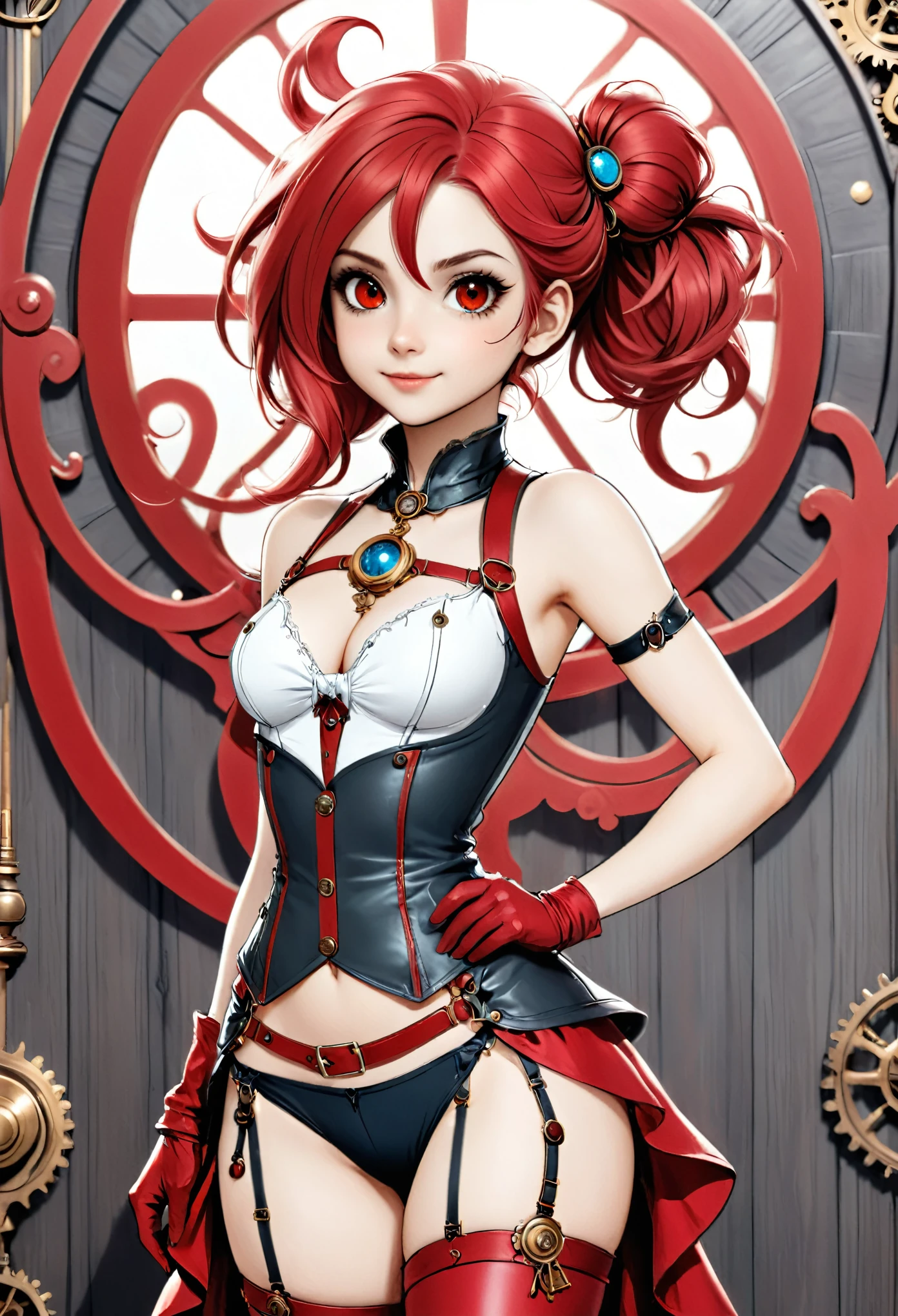 (Realistic:1.4), high quality, 8K Ultra HD, highly detailed, clean line art, detailed background, mix of bold dark lines and loose lines, whole body, full length picture of cute magical woman, the background is a detailed steampunk design with red elements, clean line digital illustration in anime style
