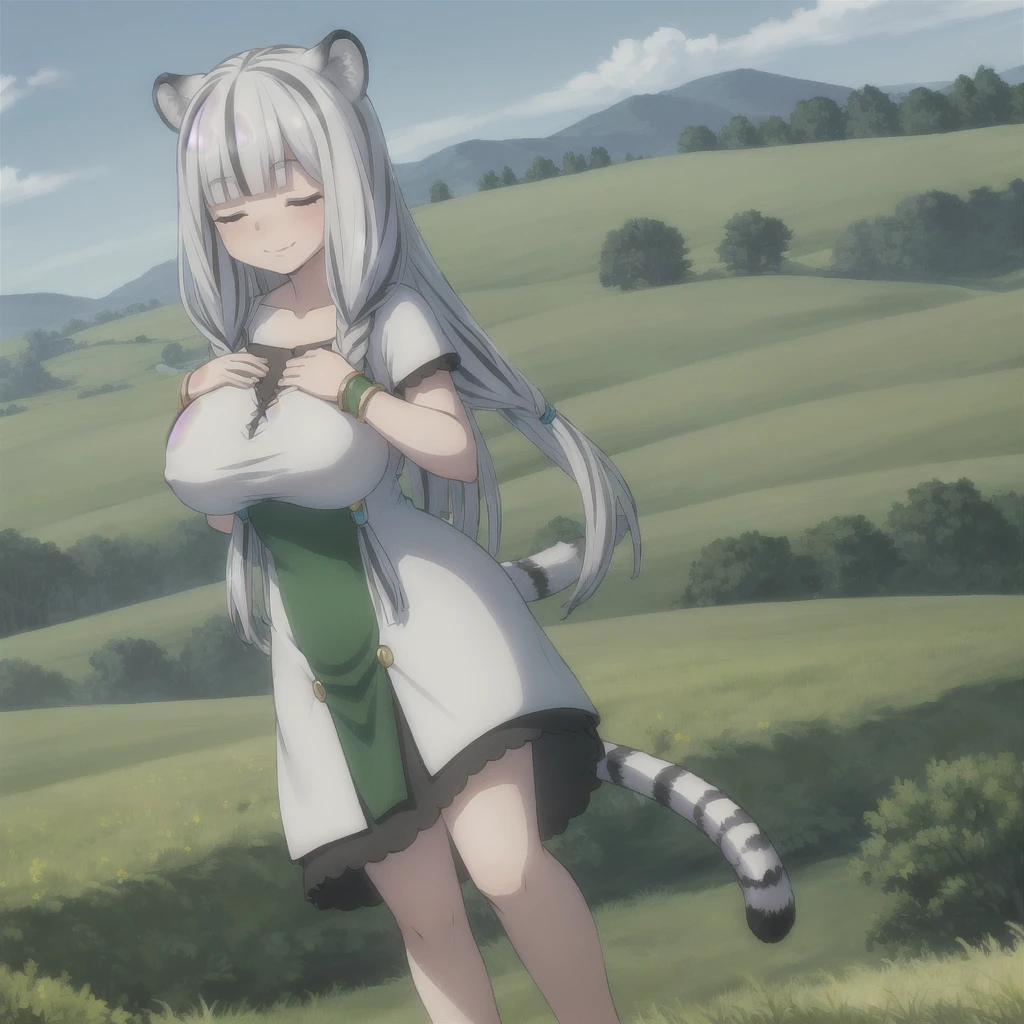 ((masterpiece)), (best quality), (ultra-detailed), photorealistic, (best illustration), ((an extremely delicate and beautiful)), 1girl, solo, long hair, tiger ears, [:tiger tail under:0.2], white hair, two-tone hair, feet out of frame, white dress, (green dress:1), multicolored dress, cross-laced, standing, closed eyes, smile, black skirt, short sleeves, detailed scenery, blue sky, horizon, low twin braids, twin braids, hair ornament, bracelet, (hand on own chest:0.9), blush, huge breasts.