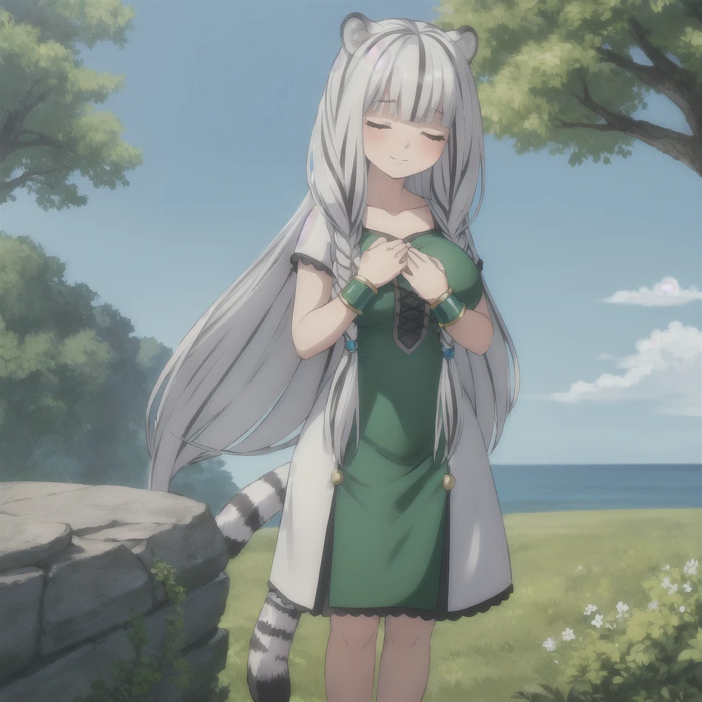 ((masterpiece)), (best quality), (ultra-detailed), photorealistic, (best illustration), ((an extremely delicate and beautiful)), 1girl, solo, long hair, tiger ears, [:tiger tail under:0.2], white hair, two-tone hair, feet out of frame, white dress, (green dress:1), multicolored dress, cross-laced, standing, closed eyes, smile, black skirt, short sleeves, detailed scenery, blue sky, horizon, low twin braids, twin braids, hair ornament, bracelet, (hand on own chest:0.9), blush, huge breasts.