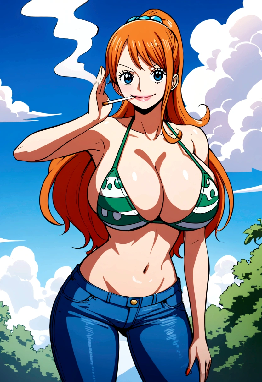 a cartoon picture of a woman in a bikini top and jeans, nami one piece, nami from one piece, nami, beautiful portrait of nami, from one piece, oppai, blue eyes, smoking, ponytail