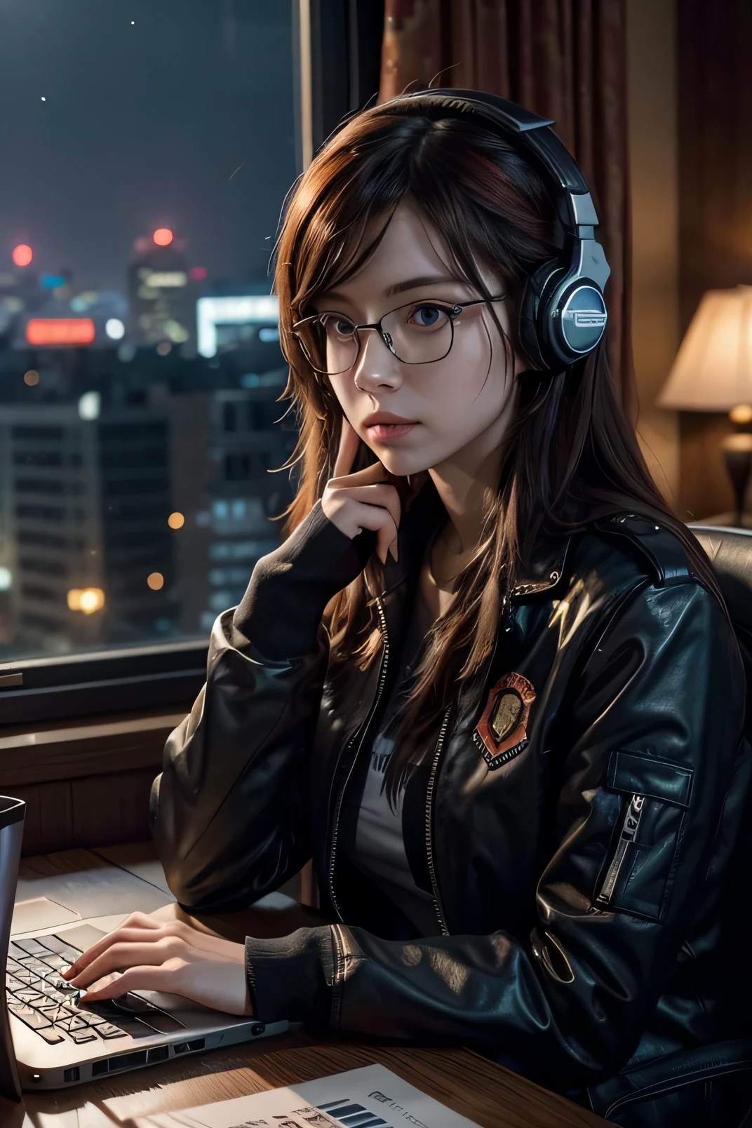 female character, revolutionary, communist, microphone, headphones, working computer, room, dim light, lamp, Cyber Punk, frontal position, night, bluish environment with orange lights. Windows open, view of the city through the window. more realistic hair, glasses, more comfortable clothes, night city, underwear, improve the details of the hands, perfect and well-balanced eyes, looking at the computer screen, tightening fingers