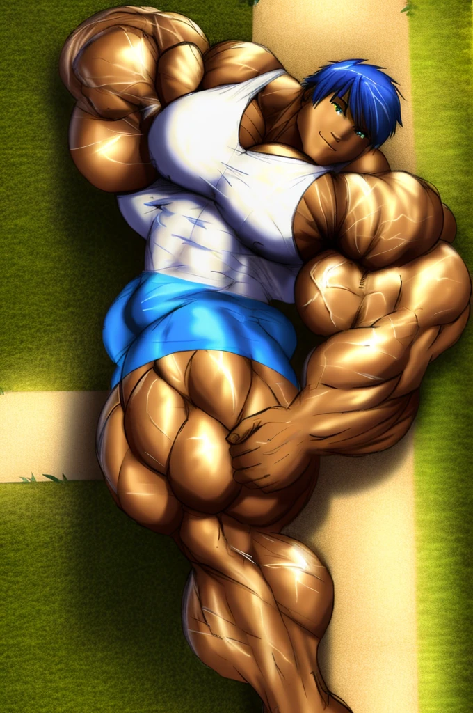 muscular boy , alone , erotic , lying down, garden , soft shading, standing , mbbbbb , smile , blue hair, green eyes ,() , white sleeveless shirt and blue shorts, hyper muscle, Huge muscle , bigs pecs muscle, bigs muscles , muscular thighs, muscular glutes, muscular legs masive muscles , ass muscle, light skin color white , Prince muscle , is waiting in the garden , macro muscle , muscle growth , too many muscles , yaoi , gay , Prince boy