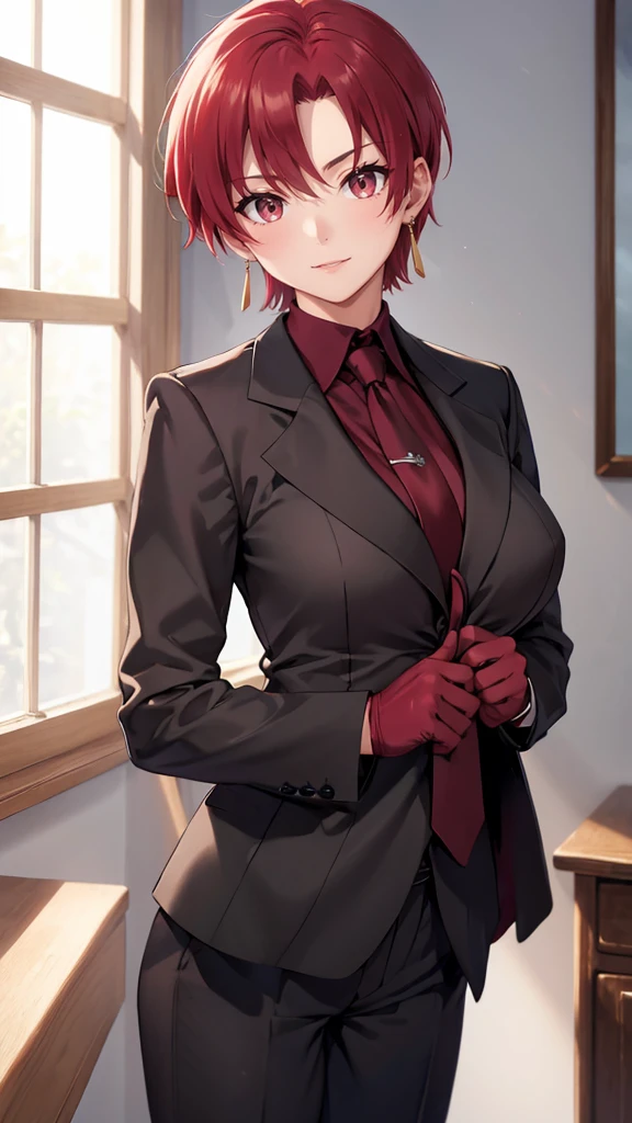 (masterpiece, best quality:1.2), bazett, fgo, 1girl, solo, short hair, red hair, bangs, red eyes, large breasts, black gloves, formal suit, necktie, jacket, upper body, earrings,