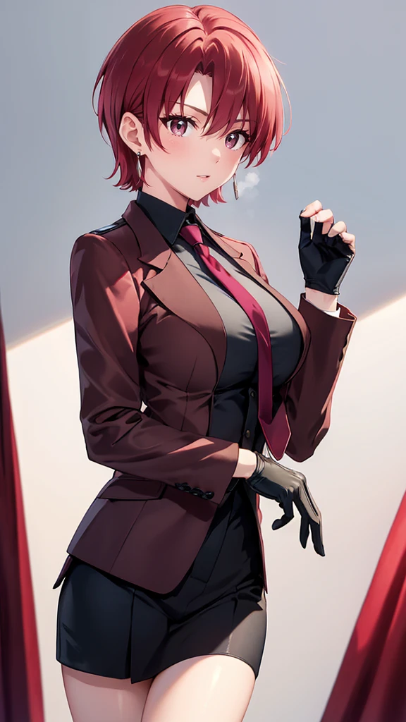 (masterpiece, best quality:1.2), bazett, fgo, 1girl, solo, short hair, red hair, bangs, red eyes,  large breasts, black gloves, formal suit, necktie, jacket, upper body, earrings, 