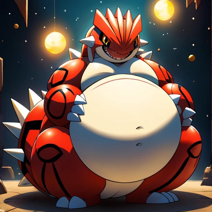 Pokemon Groudon, obese, round, enormous belly, shaped like a ball, eating planets.