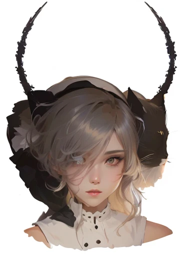 a close up of a woman with a black and white dress and a black and white hat, speedpaint, halfbody headshot, semirealistic anime style, halfbody portrait, painted in anime painter studio, girl with cat ears, anime realism style, with black horns instead of ears, flat anime style shading, woman with cat ears, girl design lush horns