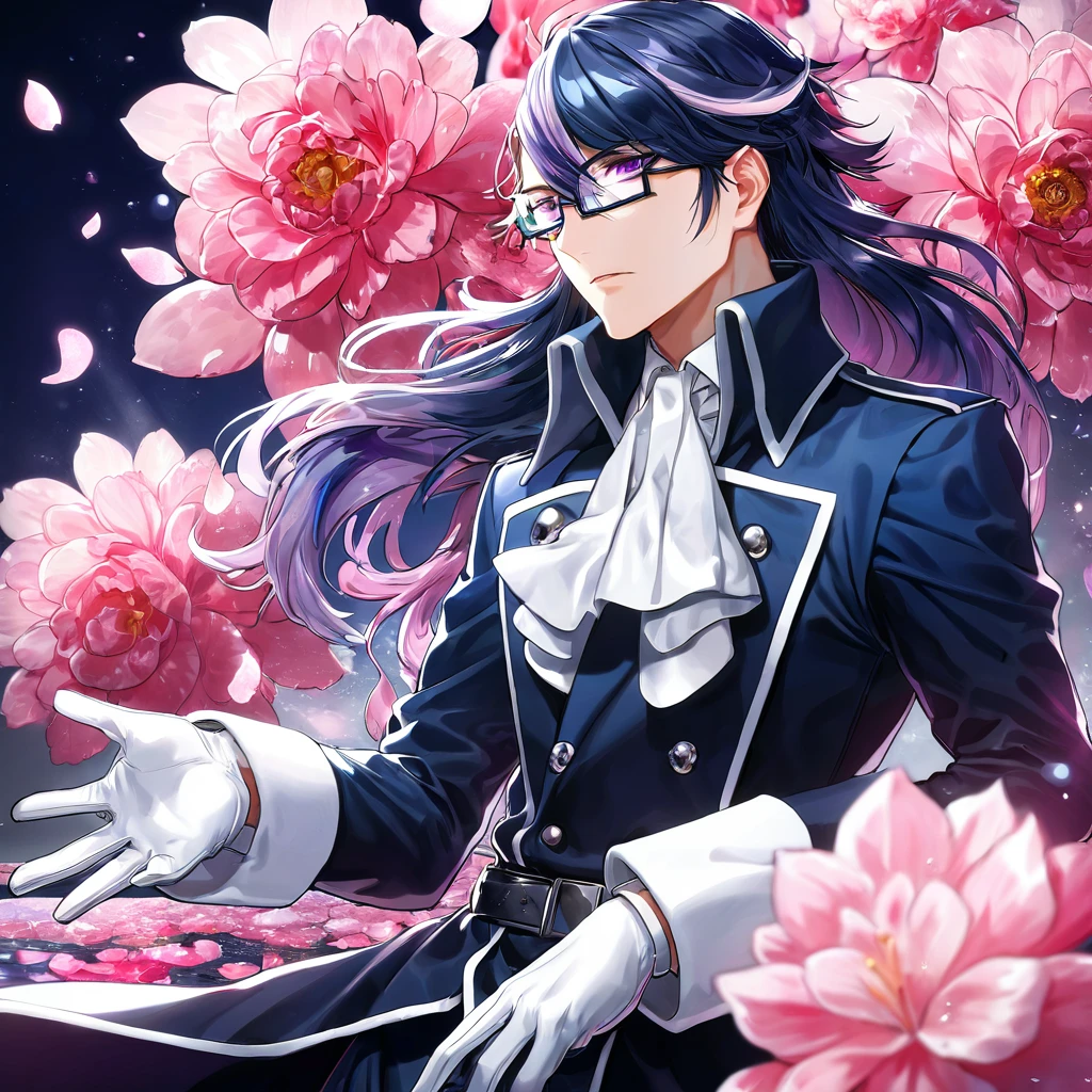 absurdres, highres, ultra detailed, HDR, master piece, best quality, Munakata Reisi, messy hair windswept, dark black blue tinted hair, long side bangs, slightly long hair, expressive purple eyes, K Project, rectangular-shaped glasses, military uniform, a high collared long-sleeved dark blue trench coat, underneath his intricate coat, white shirt with an upturned collar, white fancy cravat, white gloves, solo, sexy man, handsome, fantasy, shining, water, pink flowers, pink blossoms, pink butterflies, pink petals