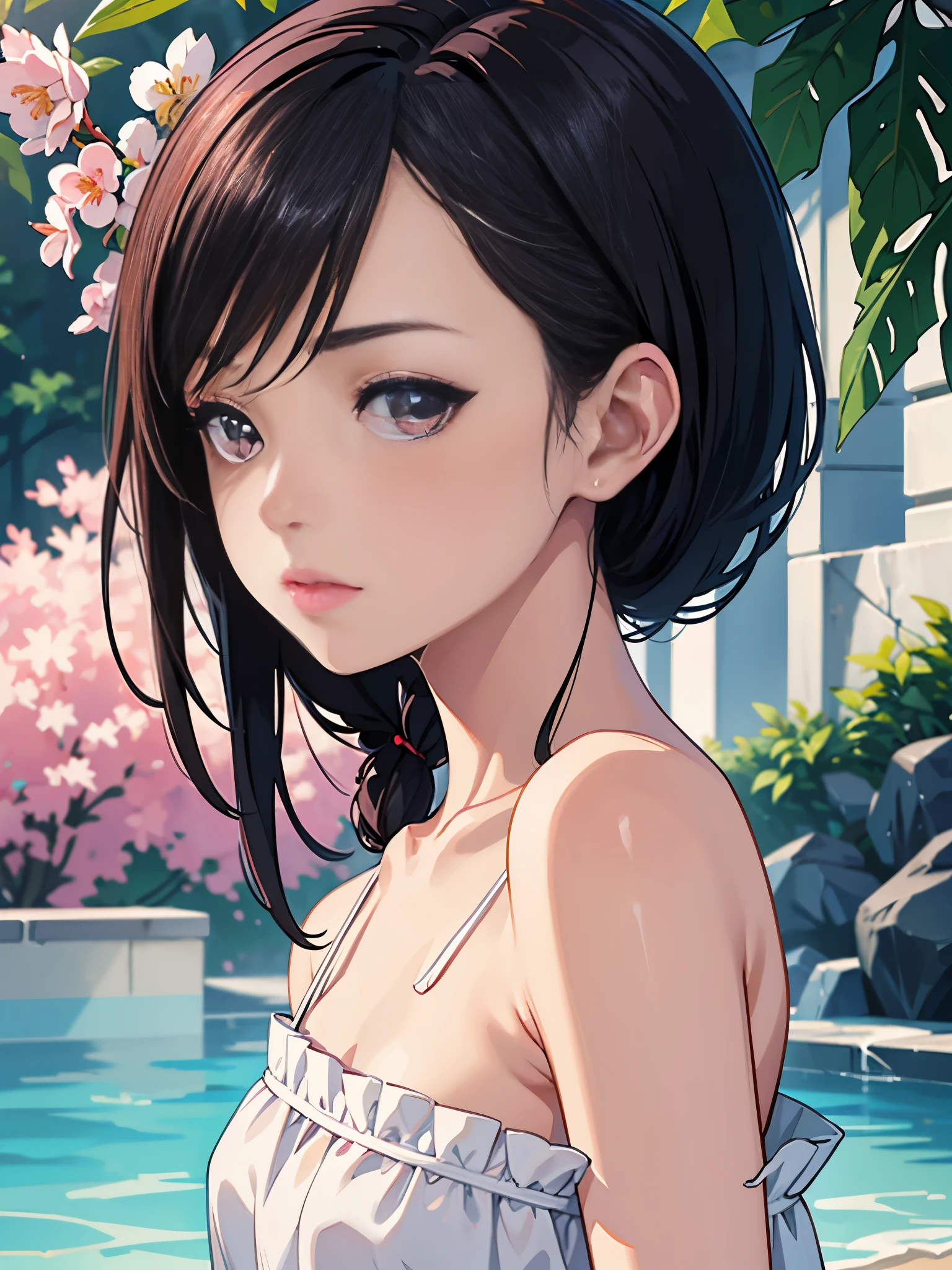 (from side), sideboob, (wet), (expressionless), looking_at_viewer, fashion trendy beautiful beautiful beautiful girl, gentle and attractive Chinese beautiful girl, delicate and sexy collarbone, Attractive oval face, double eyelids, smart peach blossom eyes, pink lips, small nose, bare shoulders, focus on the face, chest close-up, ultra high definition, super detail, fresh and impressive