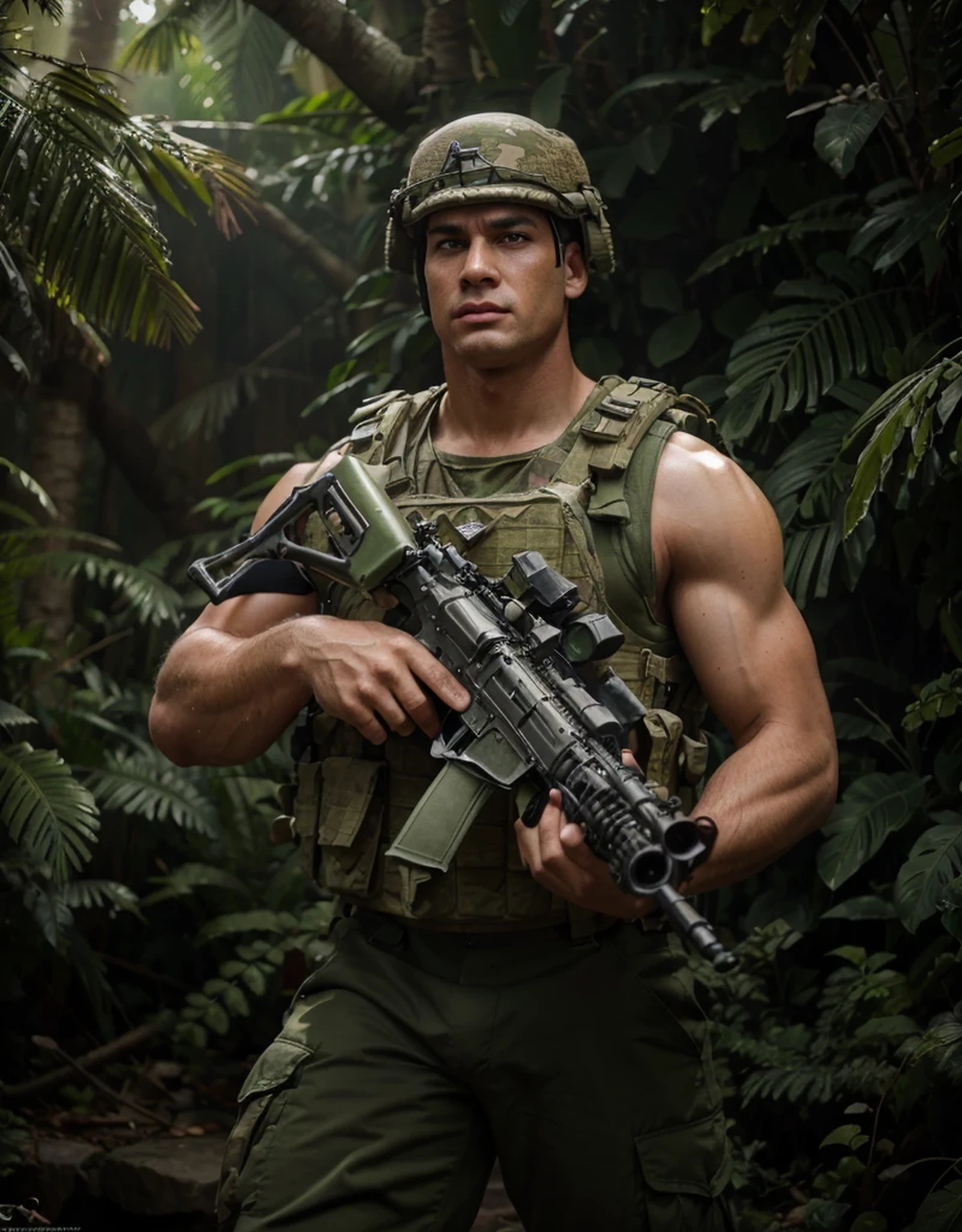 ultra-muscular North 1960' style American soldier, olive green camouflage military uniform, top tank  t shirtbulletproof vest, carries a large heavy machine gun, is in an ultra detailed jungle, Ultra detailed, Hyper realistic, 4k, Ultra detailed image, realistic, Highly detailed, perfect composition , beautiful intricately detailed incredibly detailed, 8K fine art photography, hyper detailed, Masterpiece