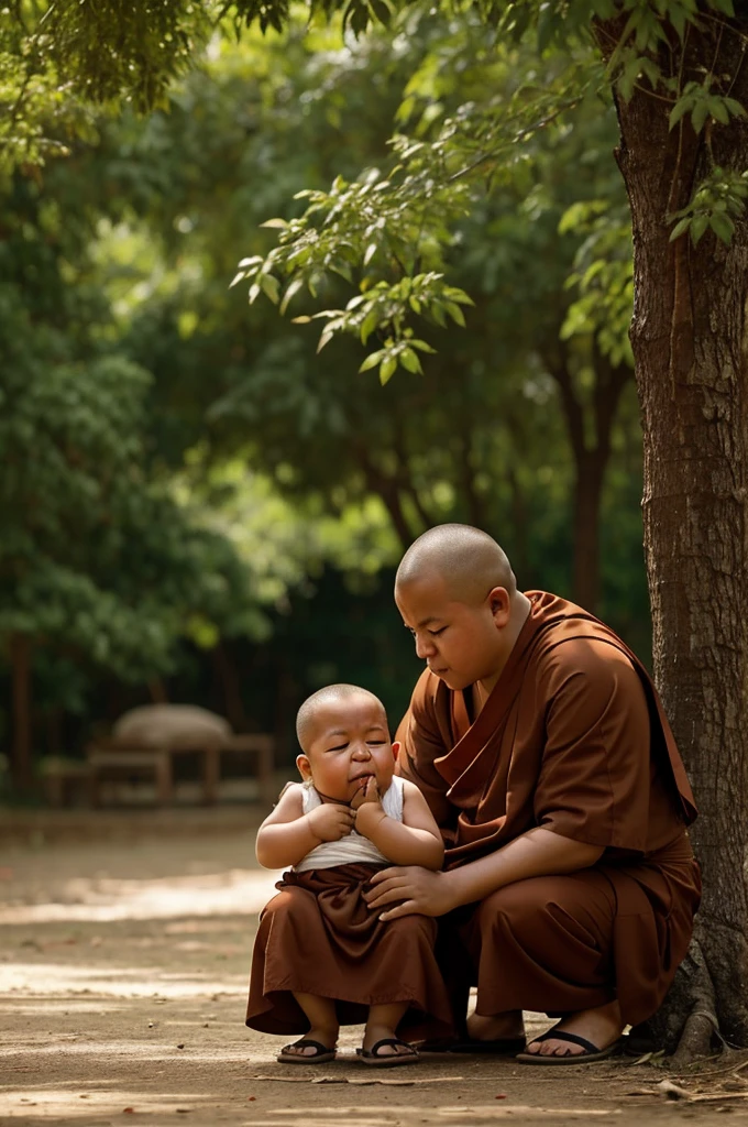 Generate a photograph of a chubby little monk is crying under a tree because many ants bite him 