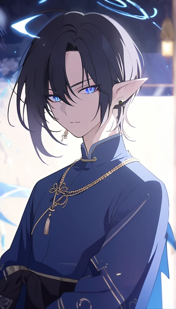 1man, elven ears, electric god, blue black hair, short hairstyle, glowing blue eyes, blue electric spark, thai priest, elegant thai clothes,